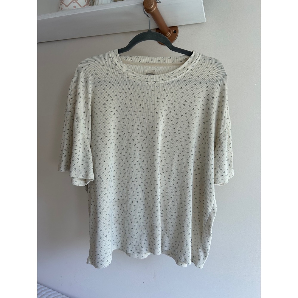 Sunkissed Coconut Ribbed Floral Ditsy Print Short Sleeve Oversized Tee Cream M